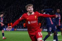 Harvey Elliott mencetak gol tunggal untuk kemenangan Liverpool atas PSG di Leg 1 Babak 16 Besar UCL,Kamis (6/3) dini hari WIB.